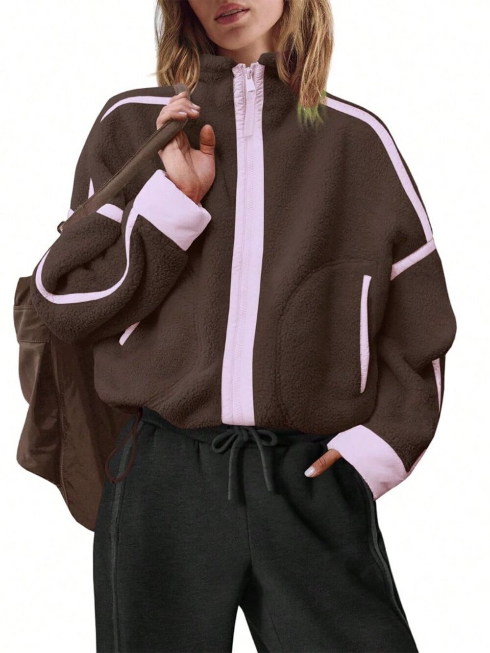 Brown Elegant Women's Coat with Stand Collar - Picture 5 of 5